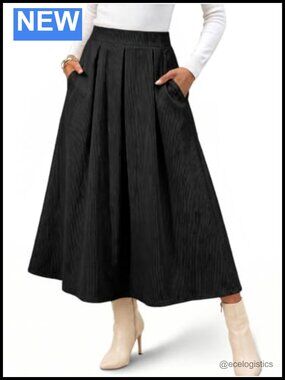 Women's Corduroy Maxi Skirt High Waist A-Line Pleated Long